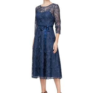 Alex Evenings Embroidered Floral Sheer Midi Dress Large Blue Mother of the Bride
